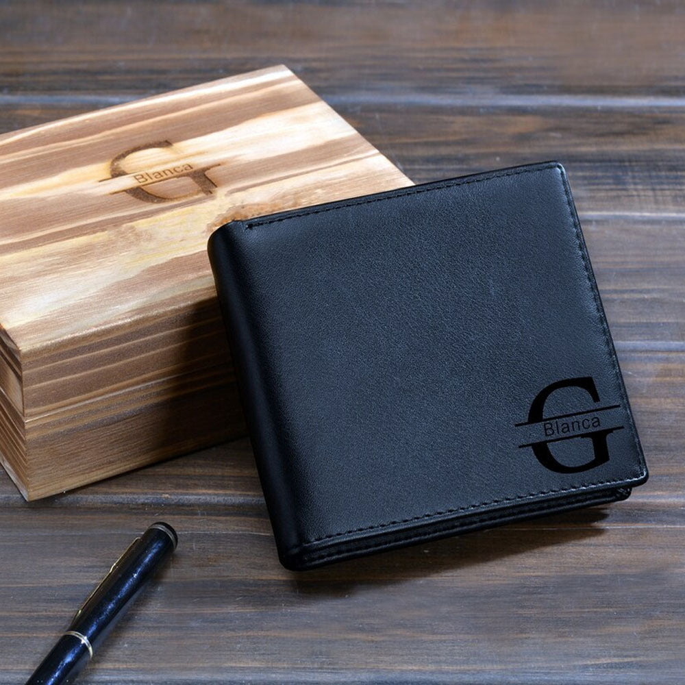 Men's Black Faux Leather Wallet Personalized Engraved Gift for Him