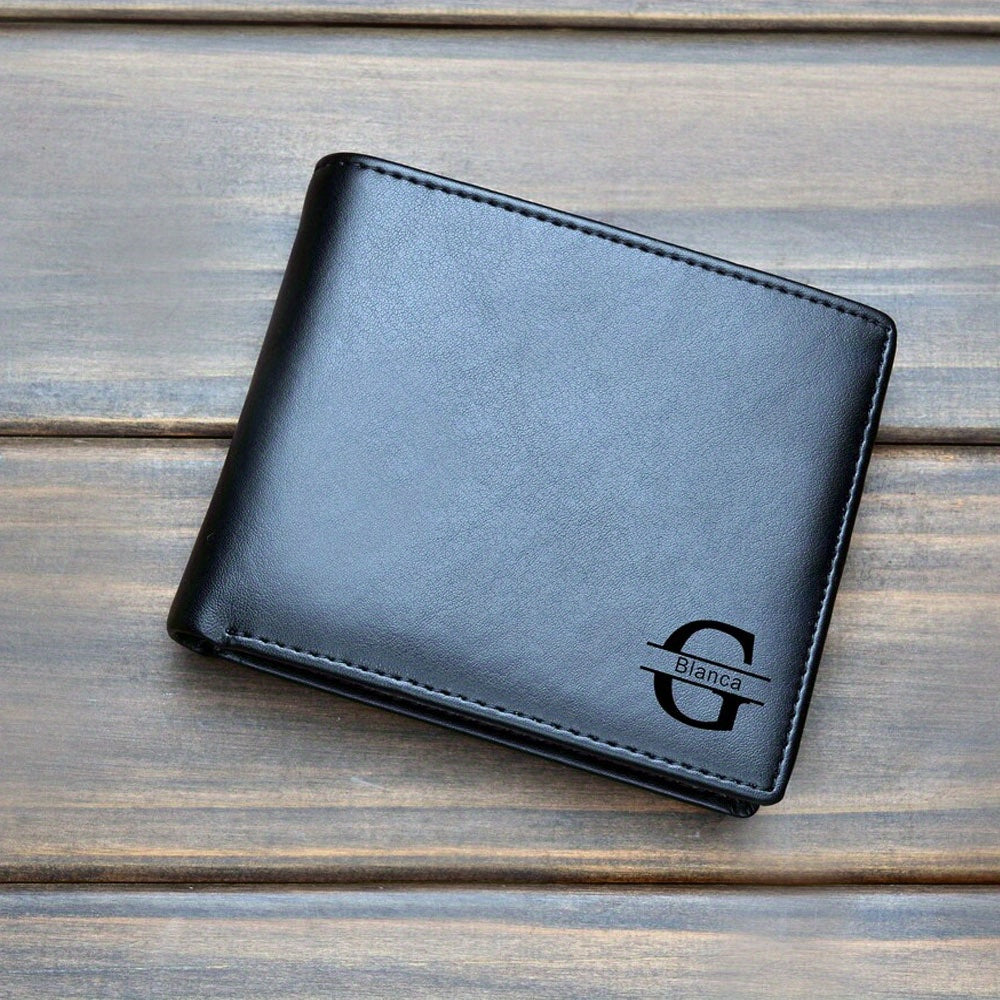 Men's Black Faux Leather Wallet Personalized Engraved Gift for Him