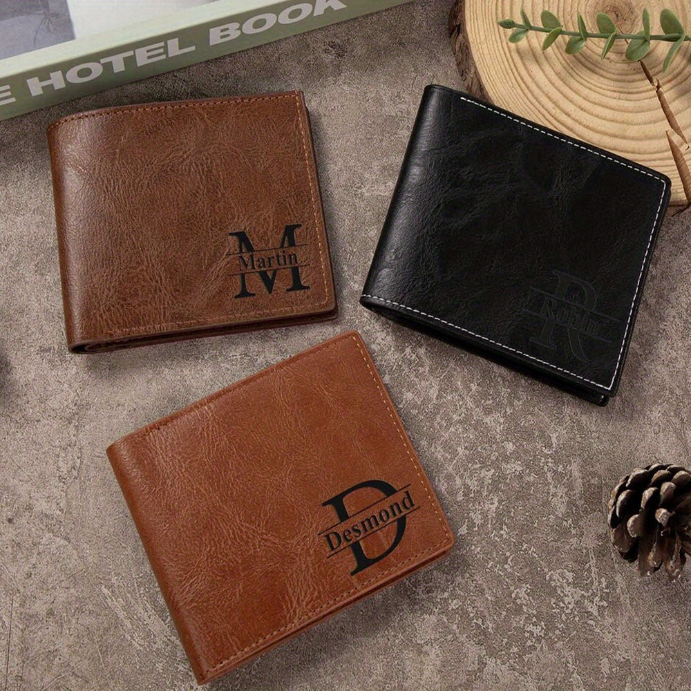 Men's Black Faux Leather Wallet Personalized Engraved Gift for Him