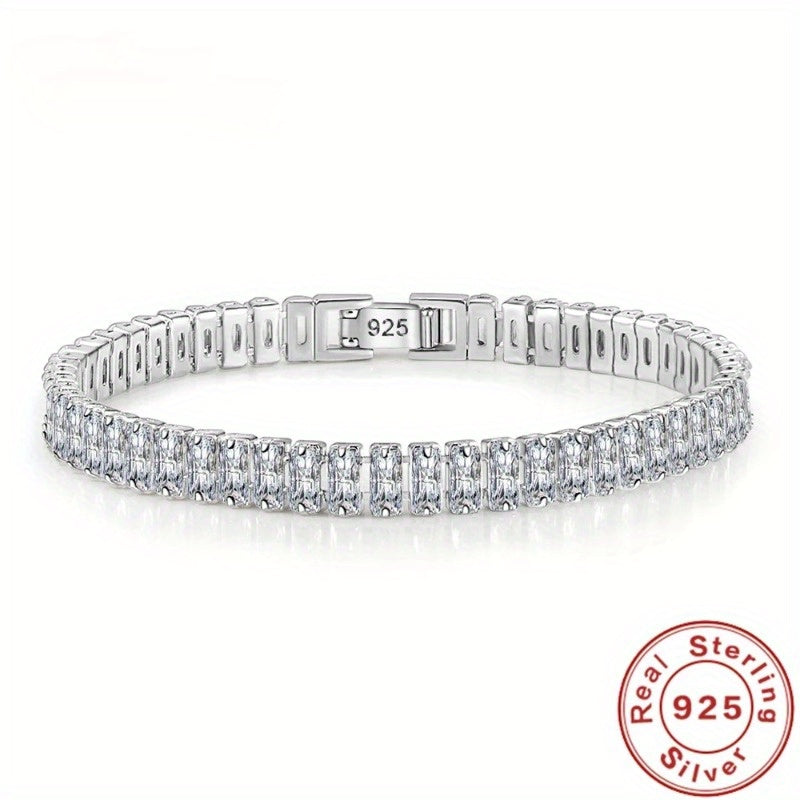 Women's Silver Bracelet with Cubic Zirconia Vintage Bohemian Style Pave Rectangular