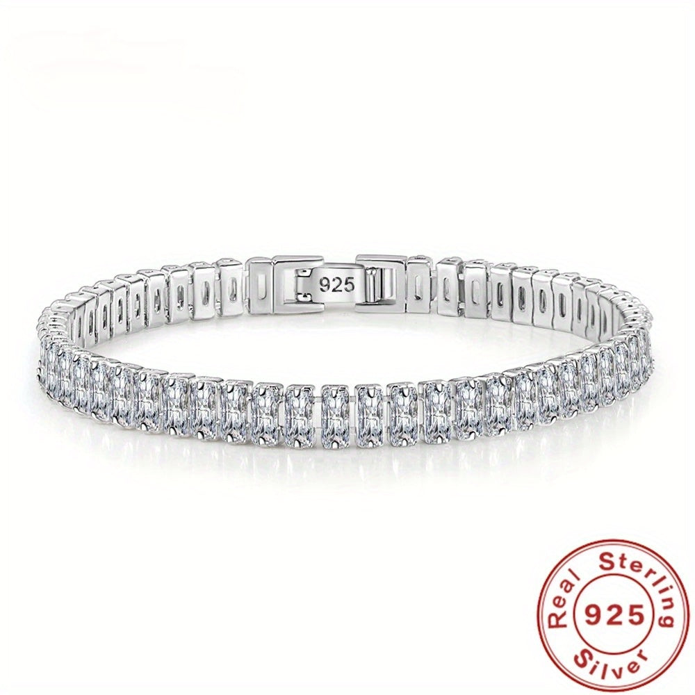 Women's Silver Bracelet with Cubic Zirconia Vintage Bohemian Style Pave Rectangular