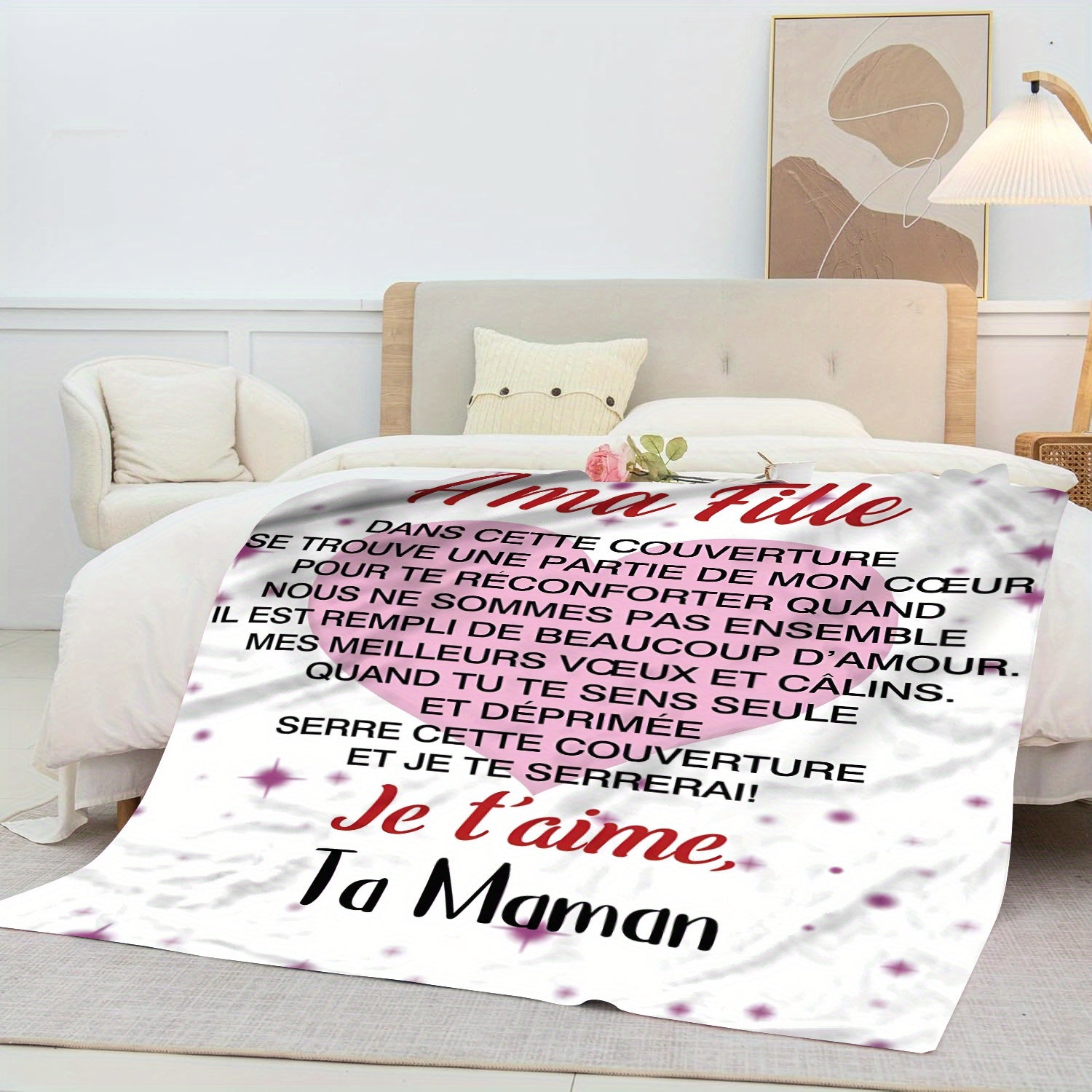 Personalized French Message Flannel Throw Blanket for Daughter Soft Knitted Polyester Gift