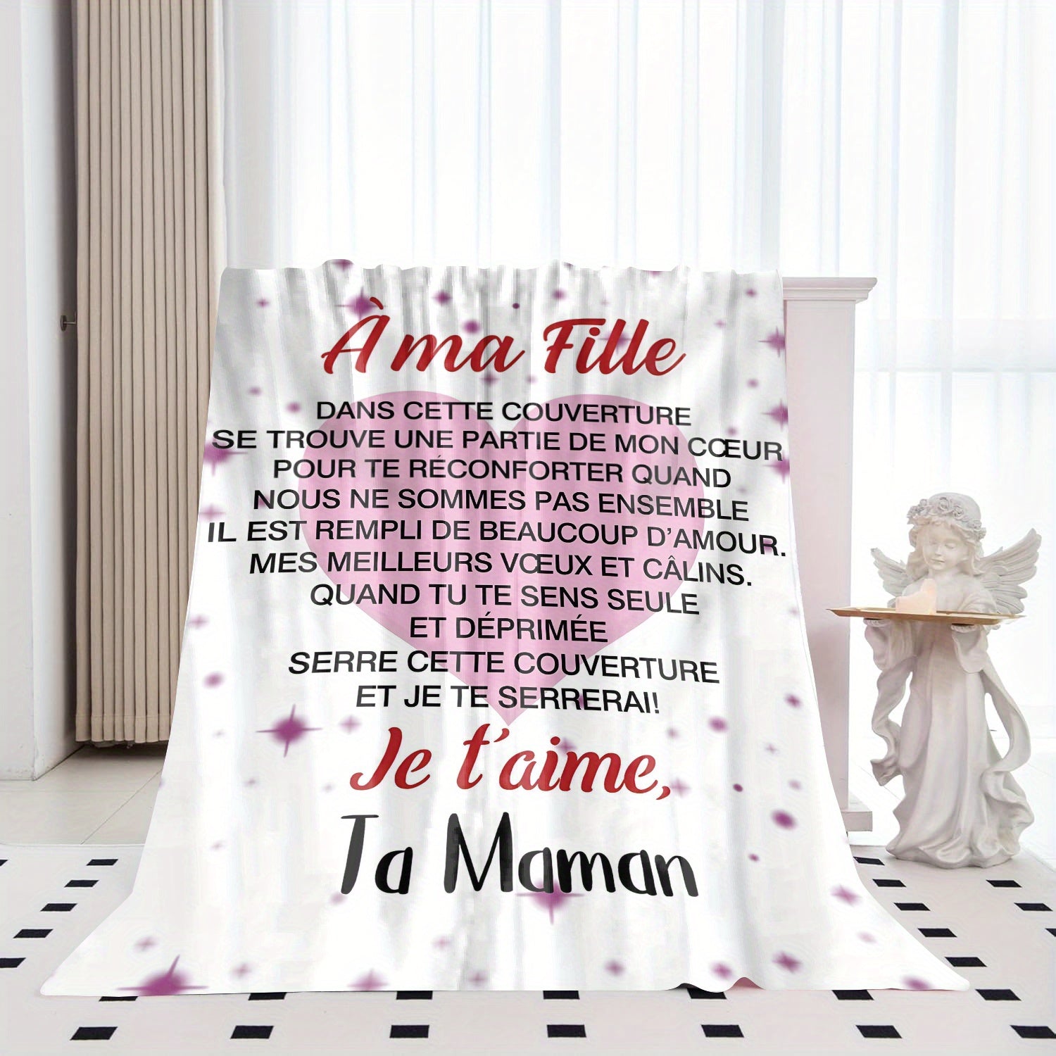 Personalized French Message Flannel Throw Blanket for Daughter Soft Knitted Polyester Gift