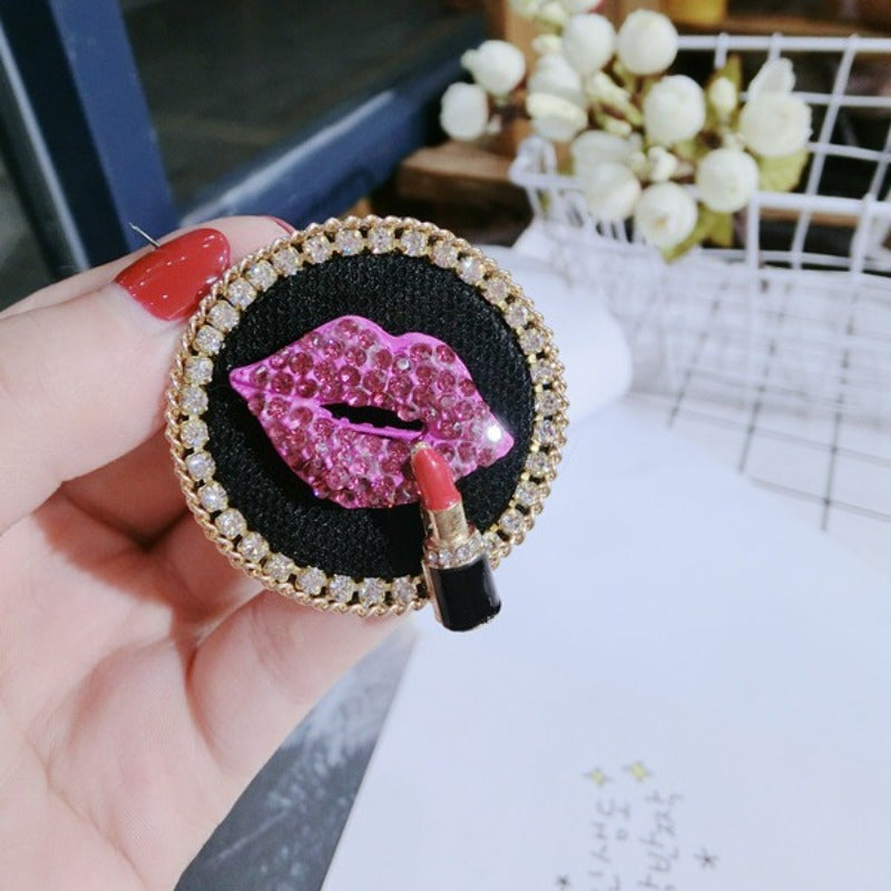 Vintage Red Lips Brooch with Rhinestone Accents Geometric Lipstick Design for Autumn Winter Fashion