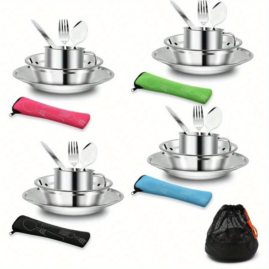 29-Piece Stainless Steel Camping Kitchenware Set for 4 People, Portable Outdoor Tableware
