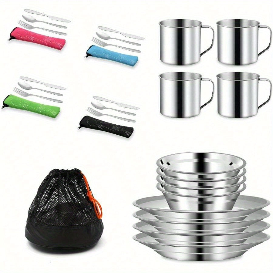 Juego de utensilios de cocina de camping de acero inoxidable de 29 piezas para 4 personas, vajilla portátil para exteriores