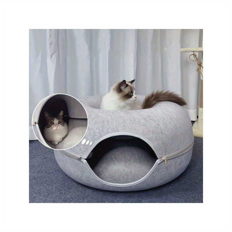 Donut-Shaped Cat Bed with Felt Tunnel and Canvas House for Small to Medium Cats Ferrets and Rabbits