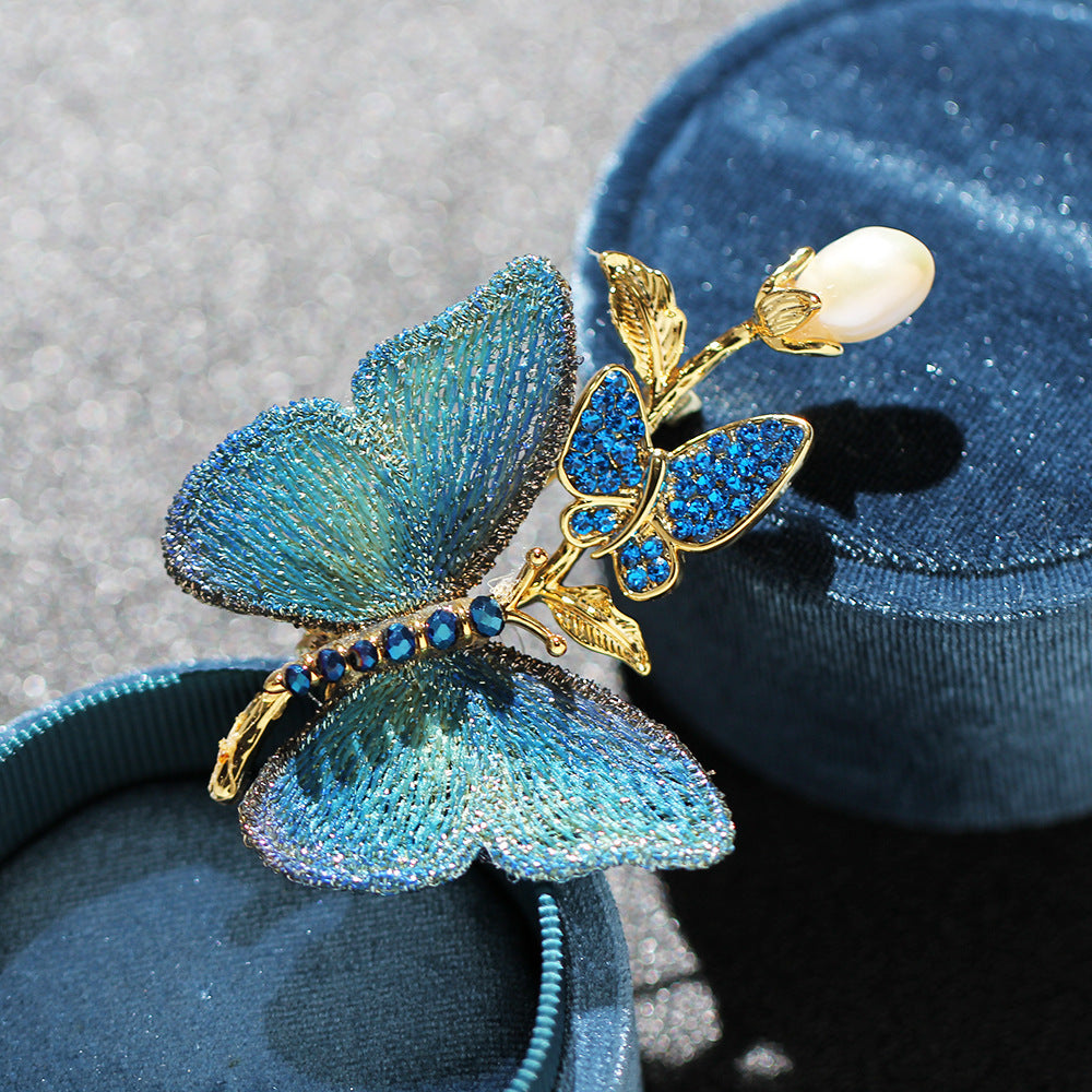 Elegant Butterfly Brooch with Embroidery and Rhinestones for Women