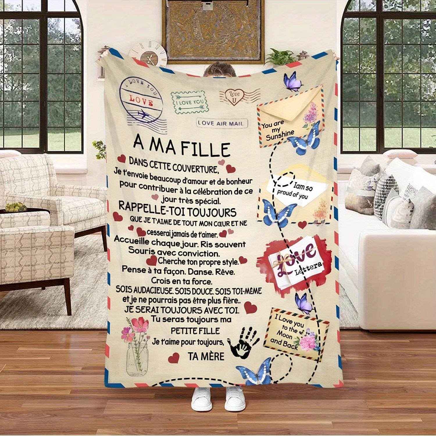 Personalized French Letter Envelope Print Flannel Throw Blanket Cozy All-Season Gift for Daughter