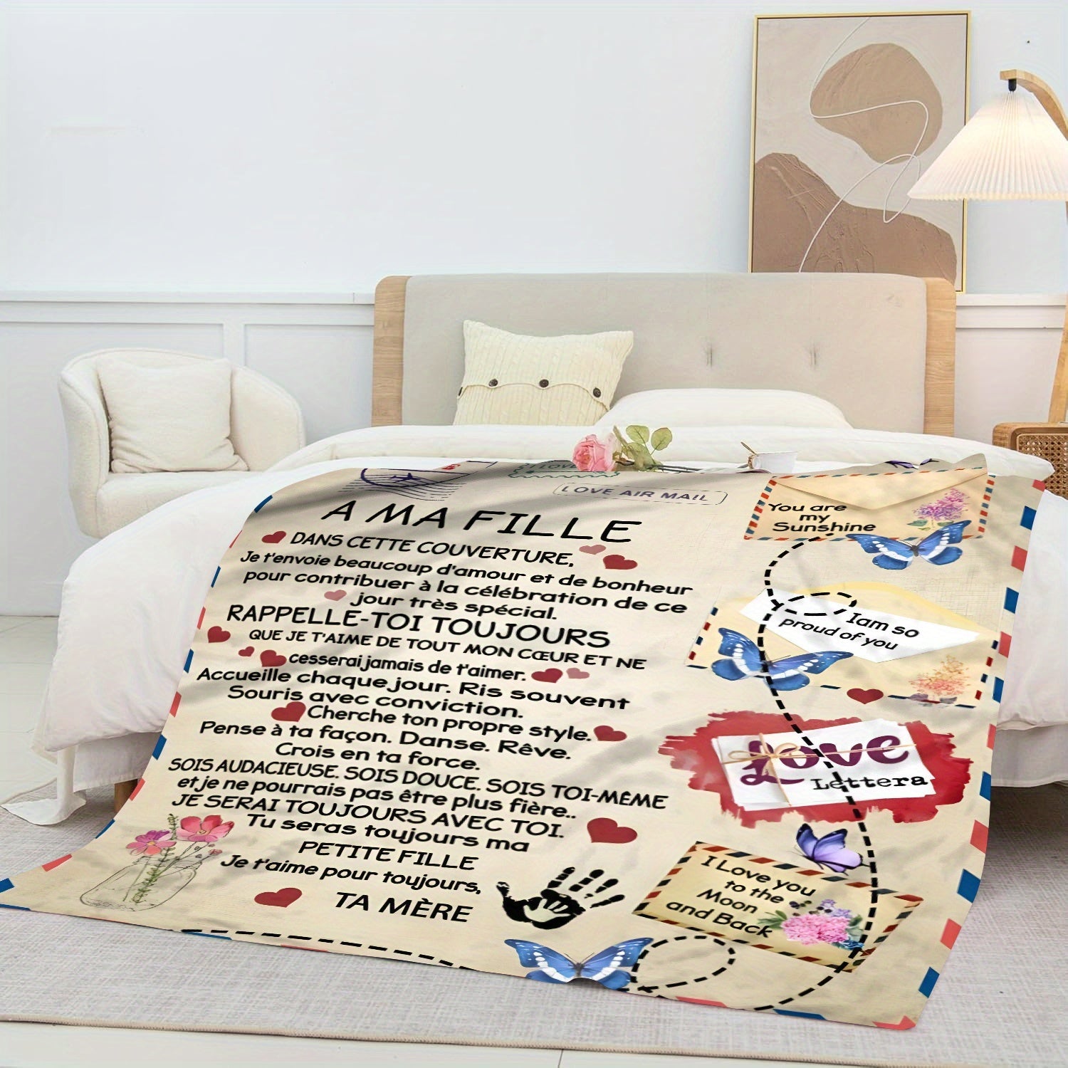 Personalized French Letter Envelope Print Flannel Throw Blanket Cozy All-Season Gift for Daughter