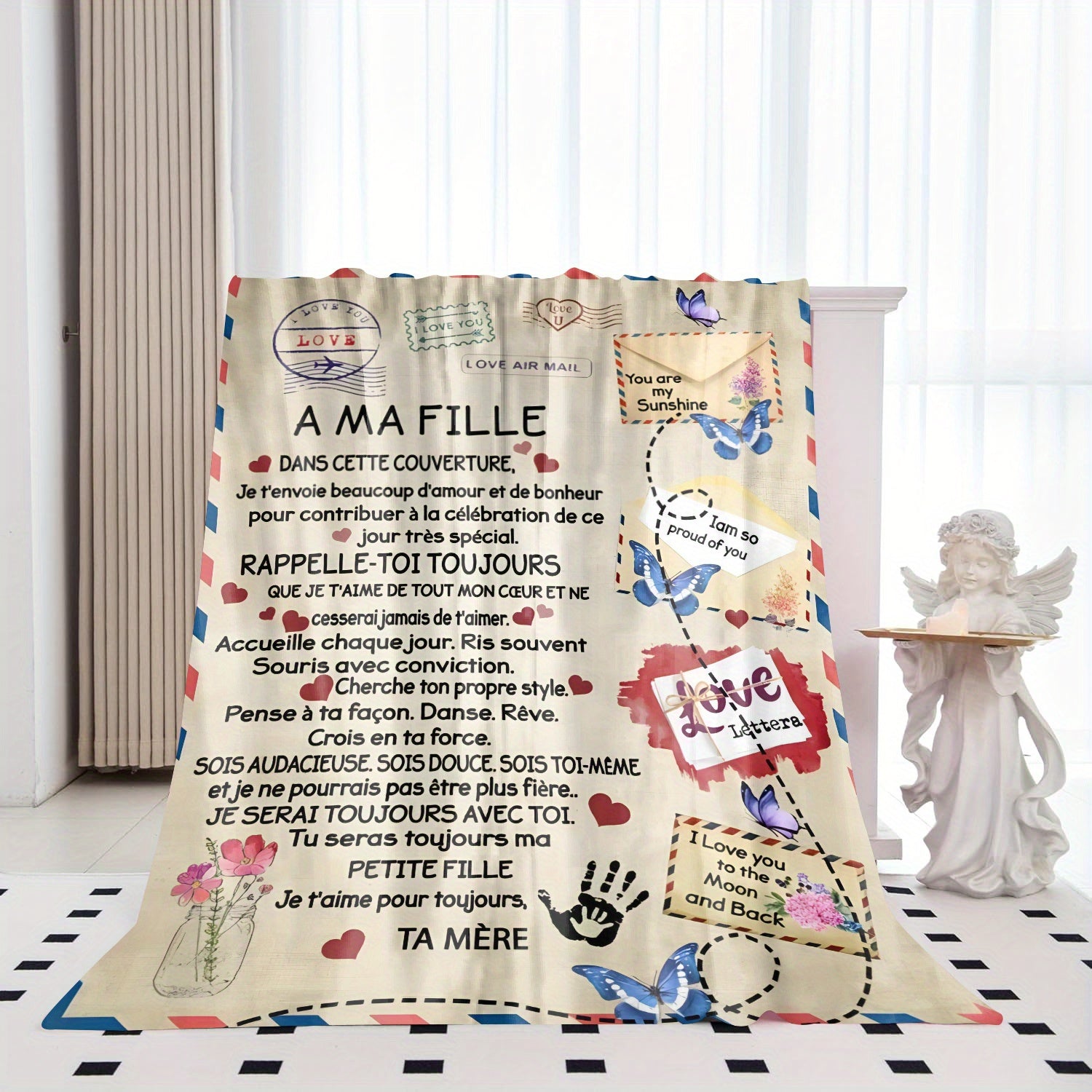 Personalized French Letter Envelope Print Flannel Throw Blanket Cozy All-Season Gift for Daughter