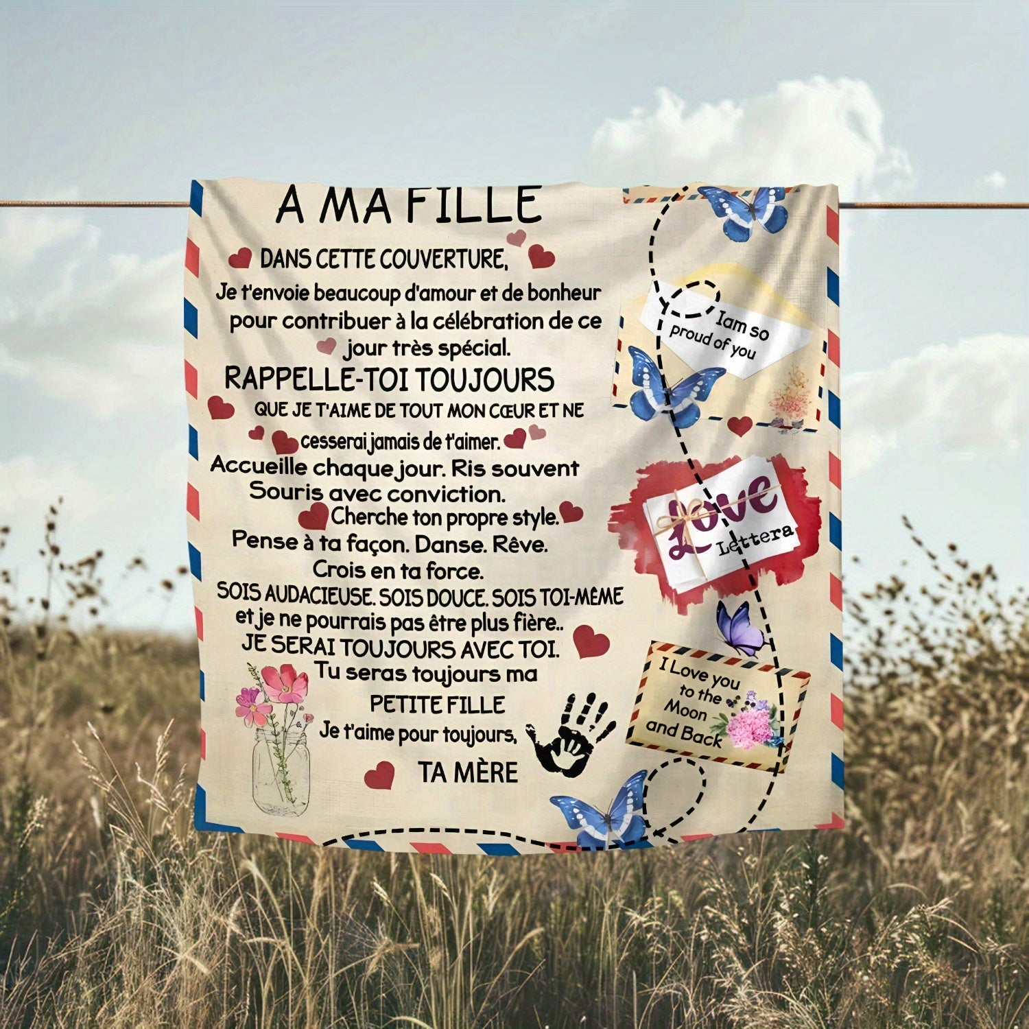 Personalized French Letter Envelope Print Flannel Throw Blanket Cozy All-Season Gift for Daughter