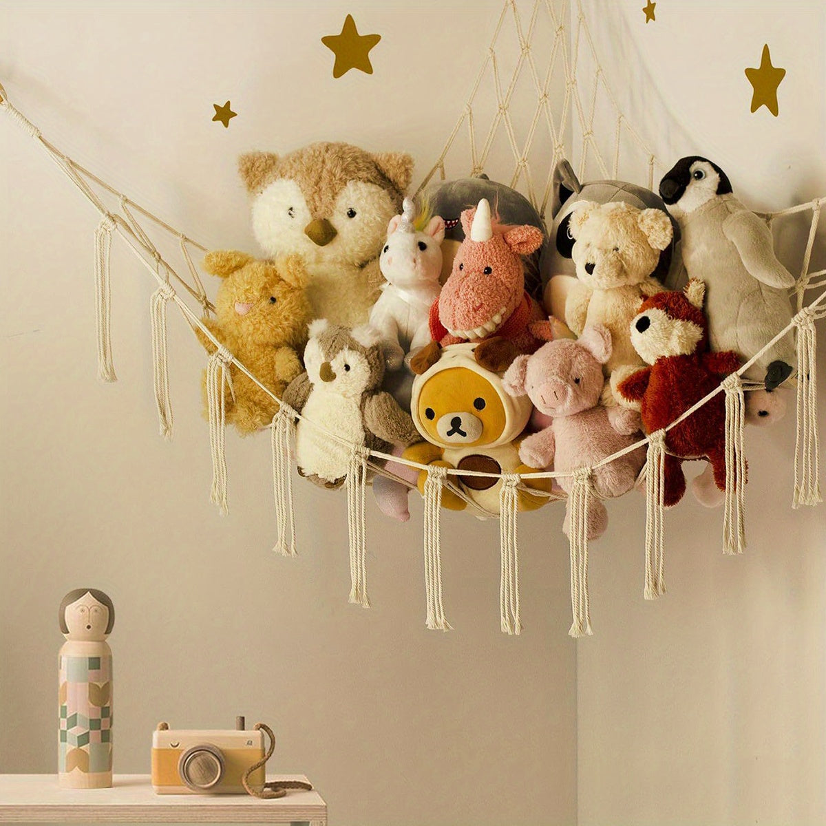 Red de almacenamiento de juguetes de tela bohemia, organizador colgante para rincón de dormitorio