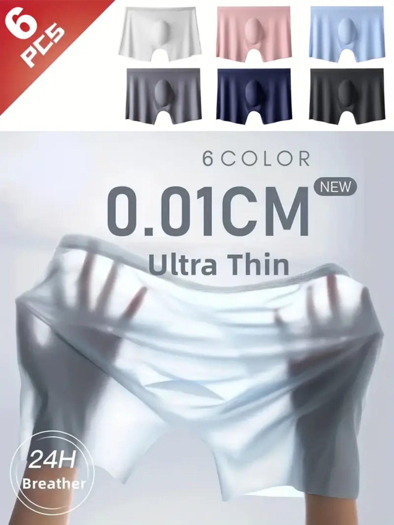 Men's Seamless Solid Color Semi-Transparent Boxers 6 Pack Breathable Lightweight Stretch