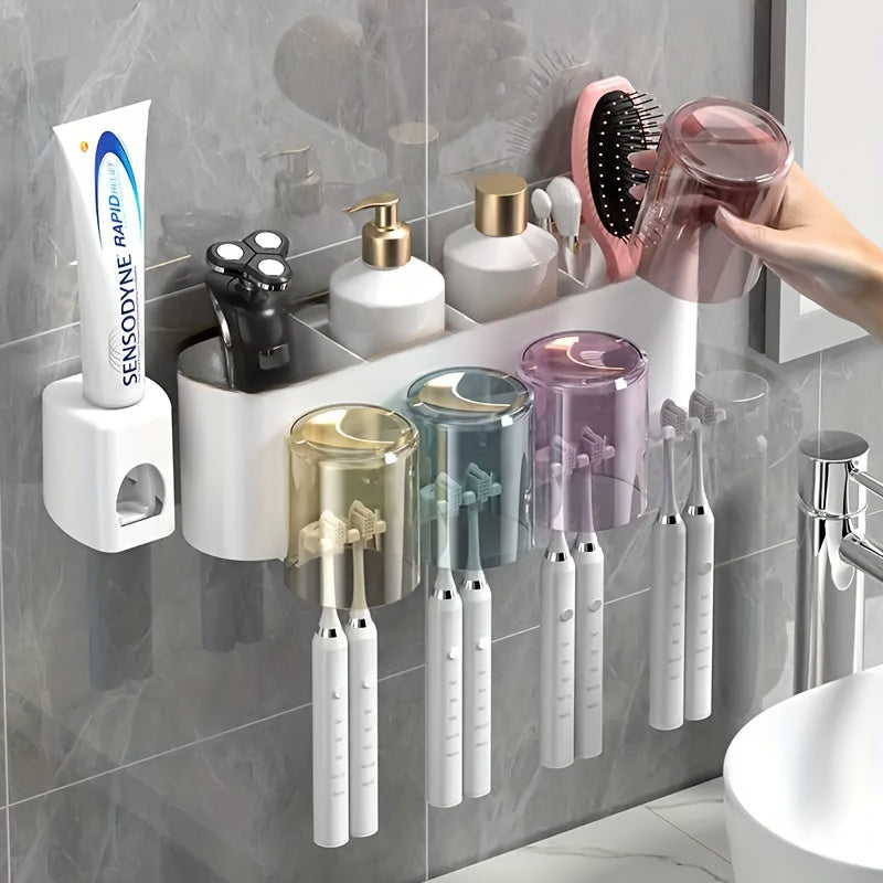 Wall Mounted Plastic Toothbrush and Toothpaste Holder with Suction Cups Bathroom Organizer for Family Dental Hygiene