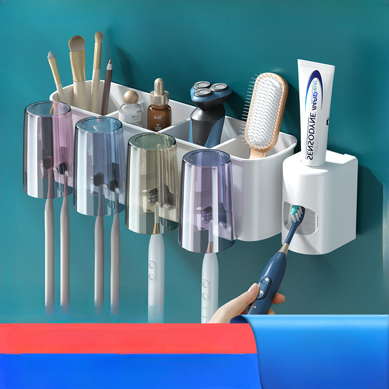 Wall Mounted Plastic Toothbrush and Toothpaste Holder with Suction Cups Bathroom Organizer for Family Dental Hygiene