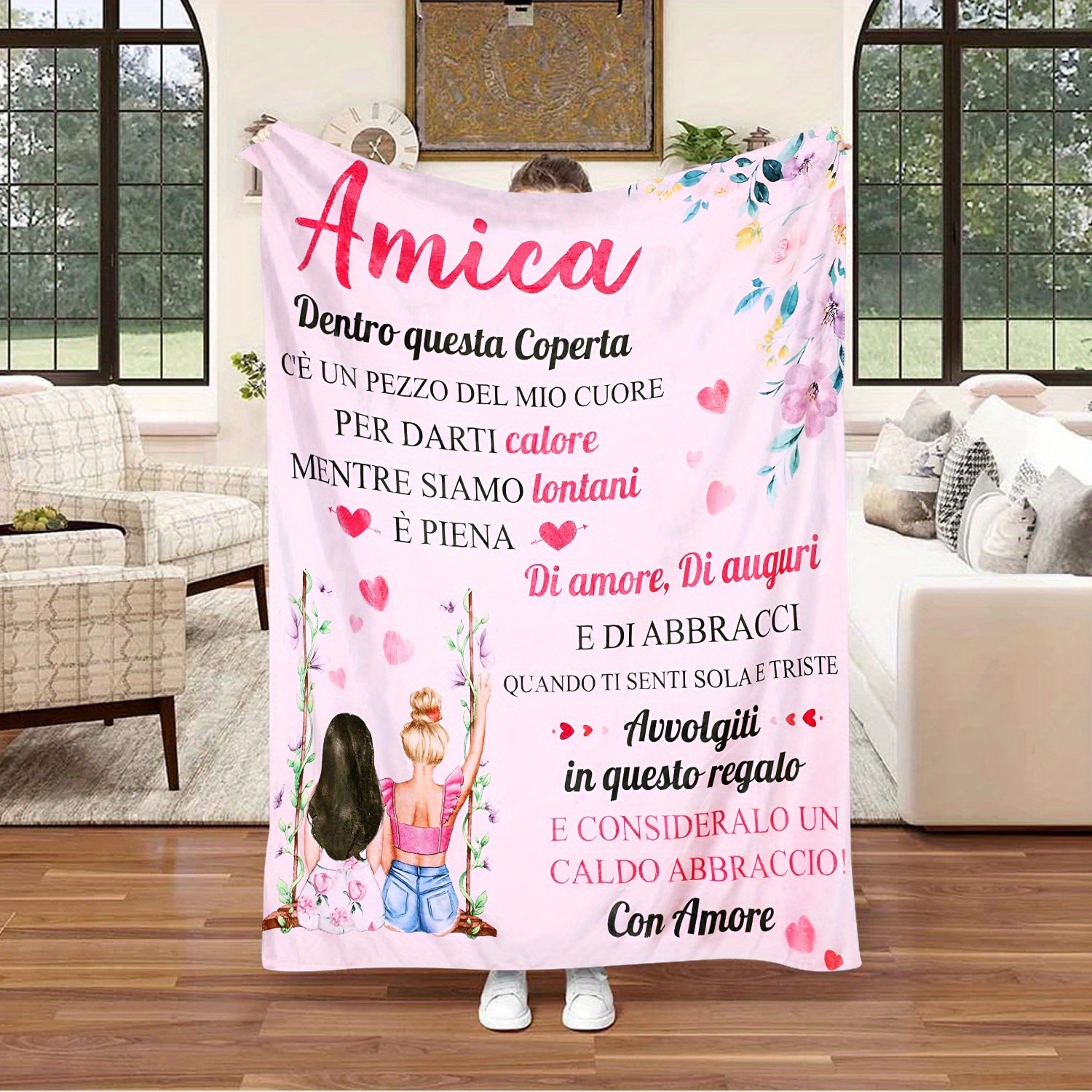 Shaxsiylashtirilgan Amica xabari bilan gullar bilan bezatilgan yostiqcha, polyester flanel, lodge uslubi, barcha mavsum uchun to'qilgan sovg'a