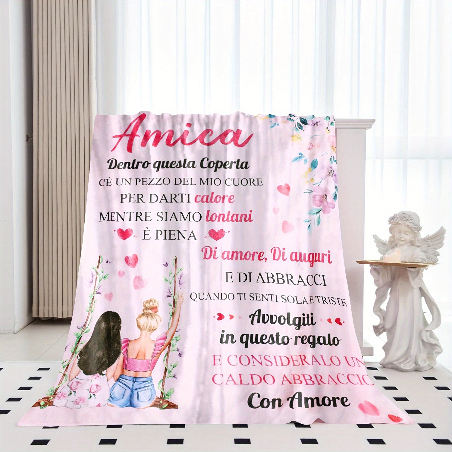 Floral Throw Blanket with Personalized Amica Message Polyester Flannel Lodge Style All-Season Knitted Gift
