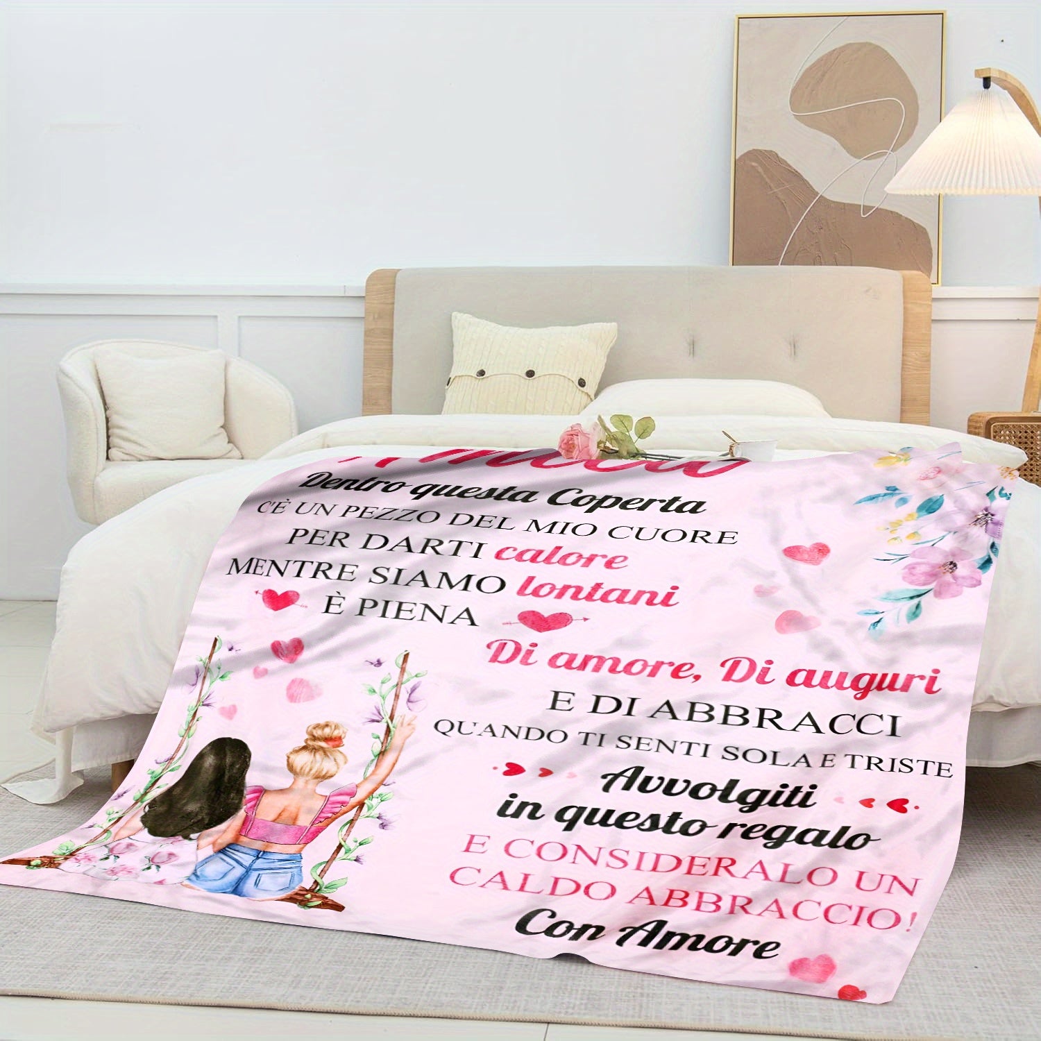 Floral Throw Blanket with Personalized Amica Message Polyester Flannel Lodge Style All-Season Knitted Gift