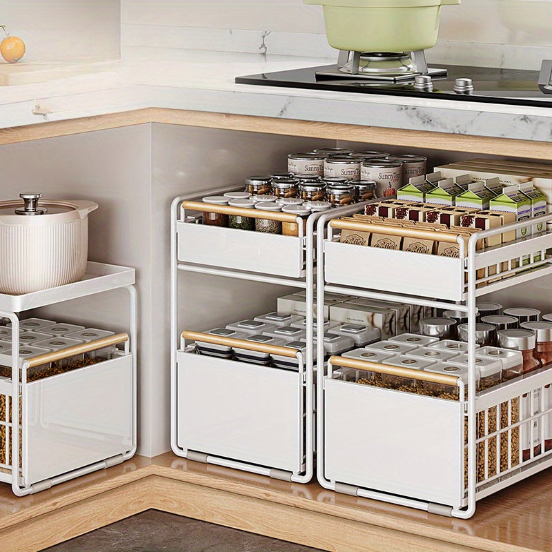 Under Sink Storage Rack for Seasonings and Dishes Food-Safe Stainless Steel Pull-Out Organizer