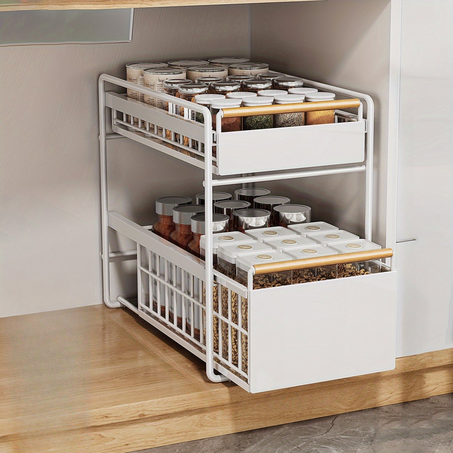 Under Sink Storage Rack for Seasonings and Dishes Food-Safe Stainless Steel Pull-Out Organizer