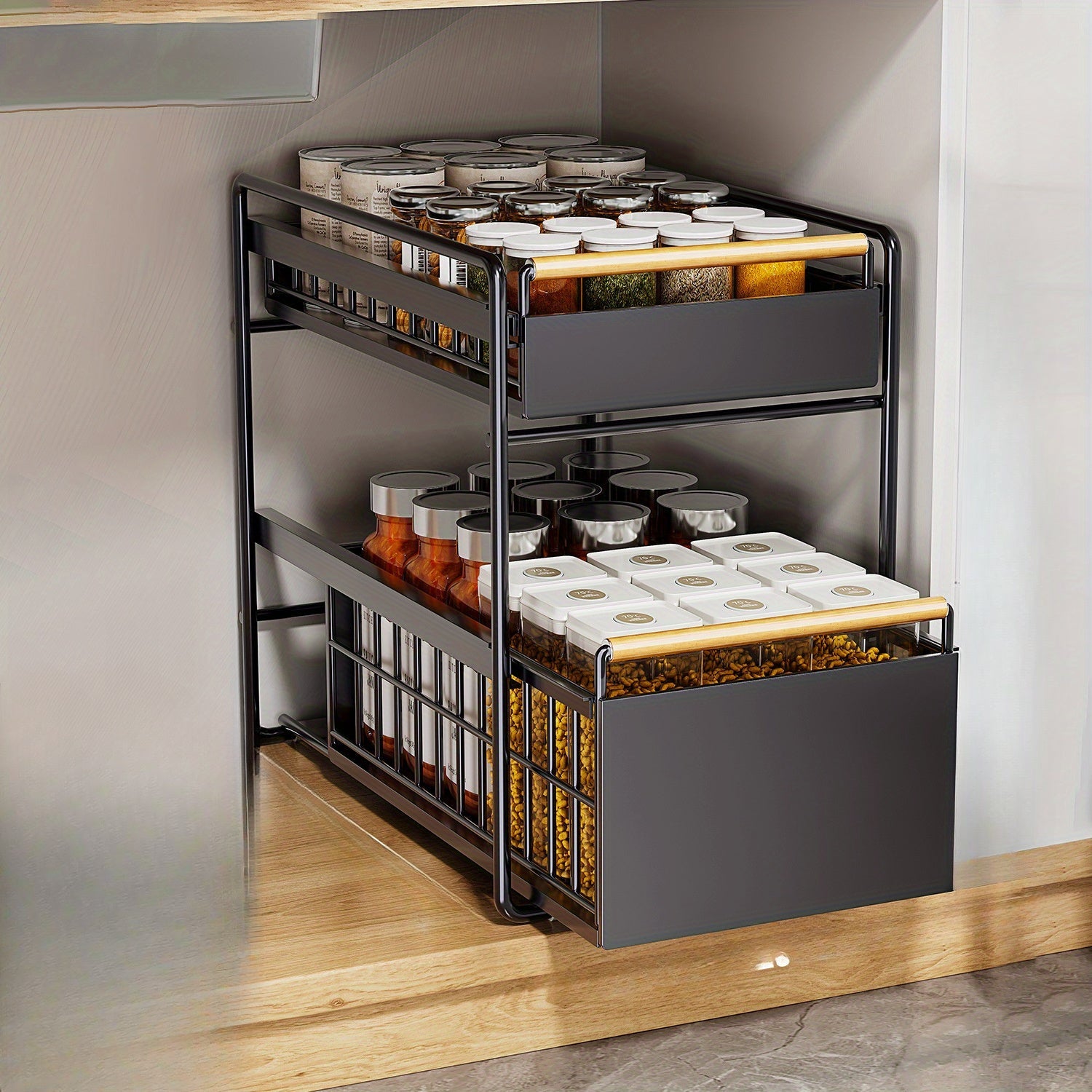 Under Sink Storage Rack for Seasonings and Dishes Food-Safe Stainless Steel Pull-Out Organizer