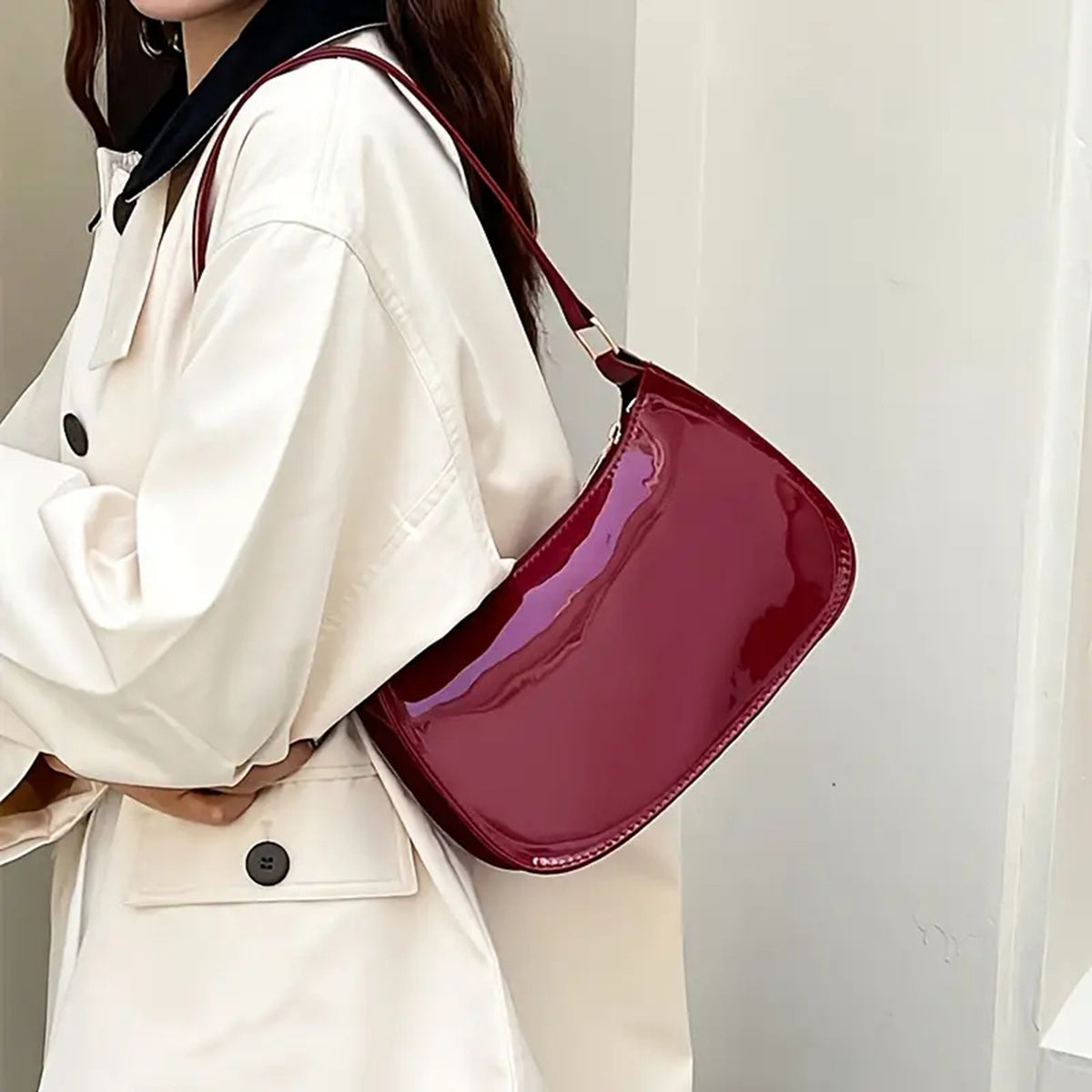 Vintage Red Glossy PU Shoulder Handbag for Women