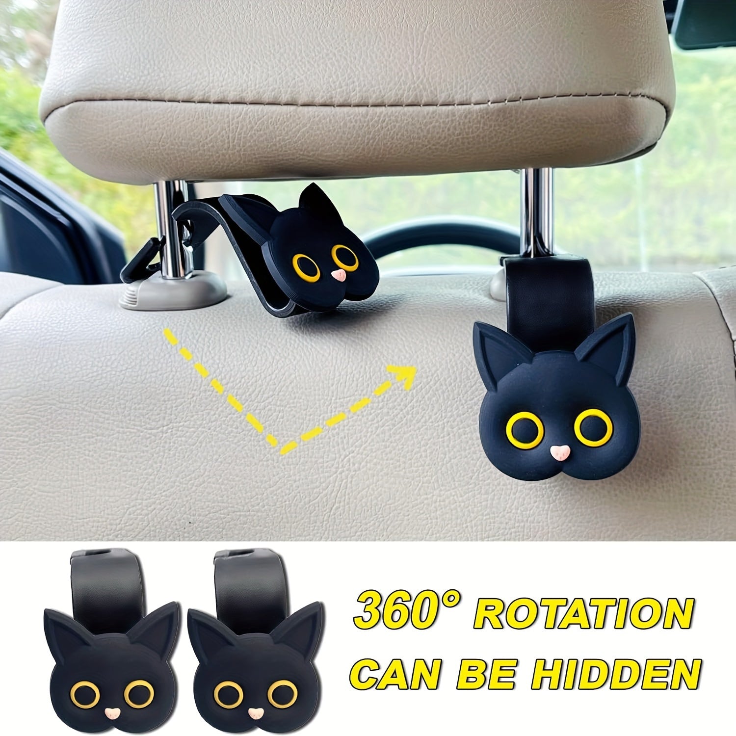 2-Pack Cute 3D Cartoon Cat Car Headrest Hooks Universal Vehicle Organizer Durable Material
