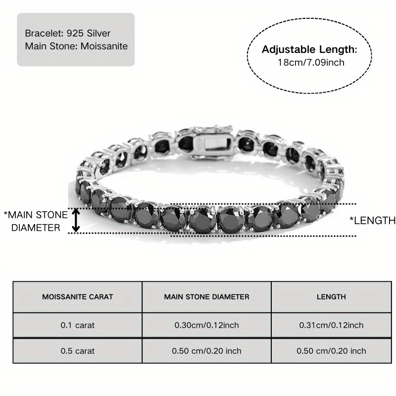 Black Moissanite Tennis Bracelet for Women 0.1/0.5ct Round Cut Silver Jewelry