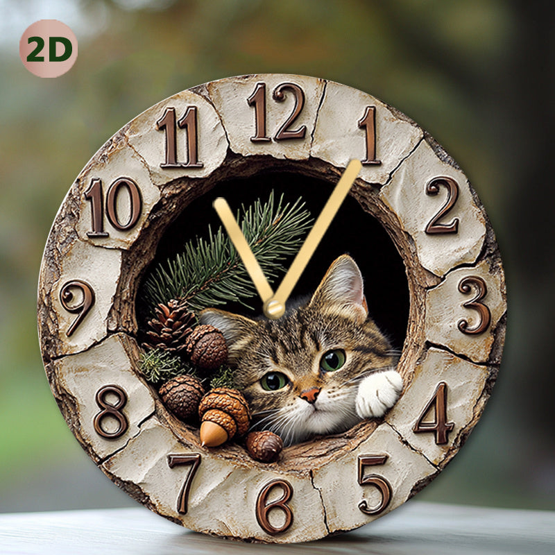 Wood Fiber Board Round Wall Clock with Cat Plush Toy Modern Home Decor