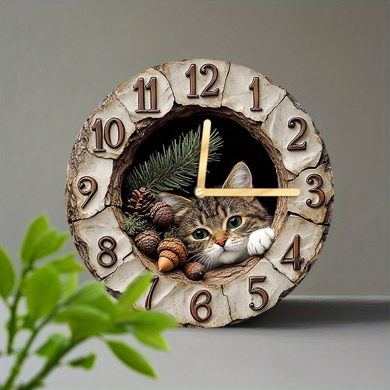 Wood Fiber Board Round Wall Clock with Cat Plush Toy Modern Home Decor