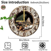 Wood Fiber Board Round Wall Clock with Cat Plush Toy Modern Home Decor