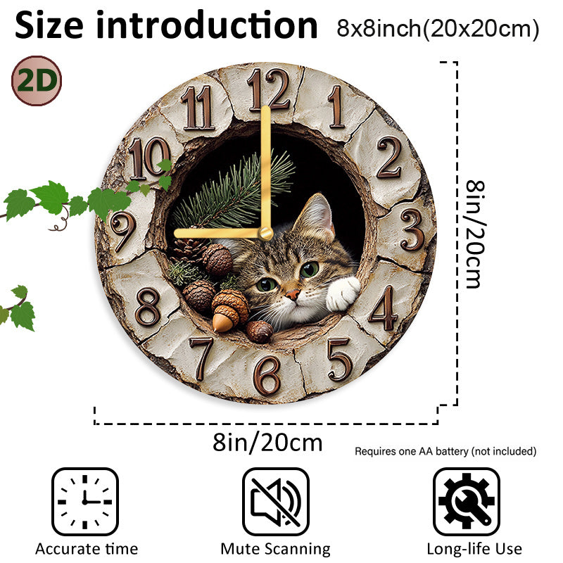 Wood Fiber Board Round Wall Clock with Cat Plush Toy Modern Home Decor