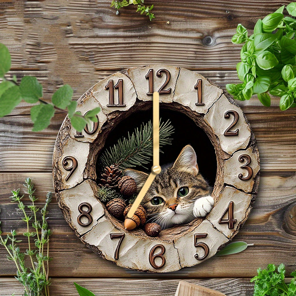 Wood Fiber Board Round Wall Clock with Cat Plush Toy Modern Home Decor