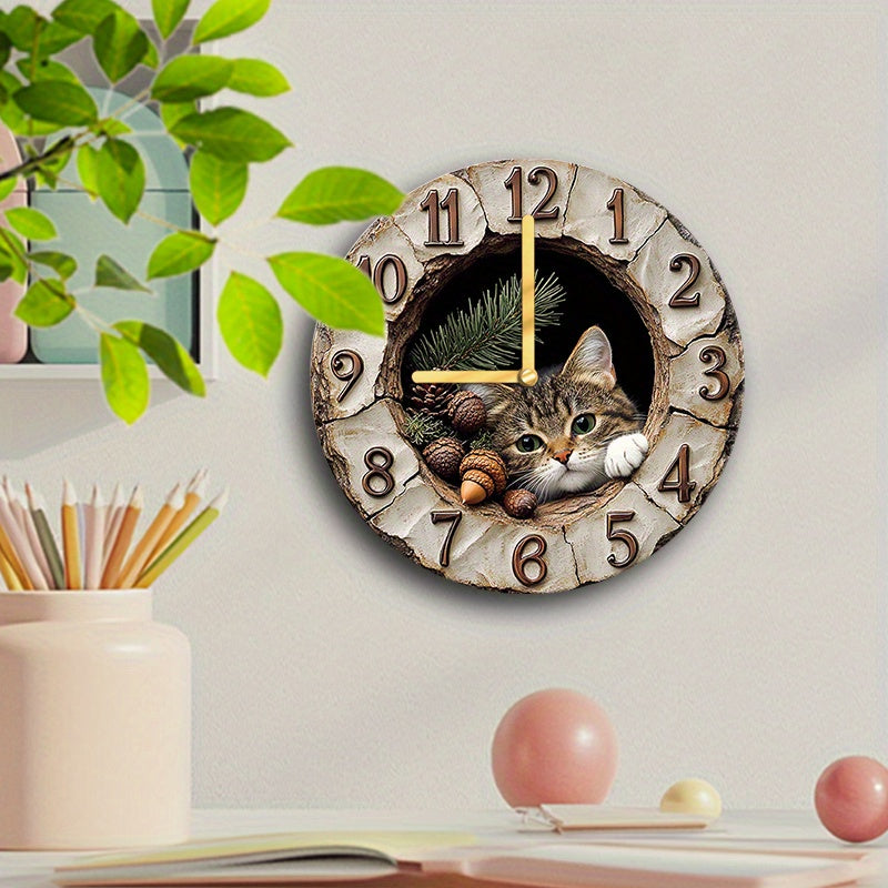 Wood Fiber Board Round Wall Clock with Cat Plush Toy Modern Home Decor