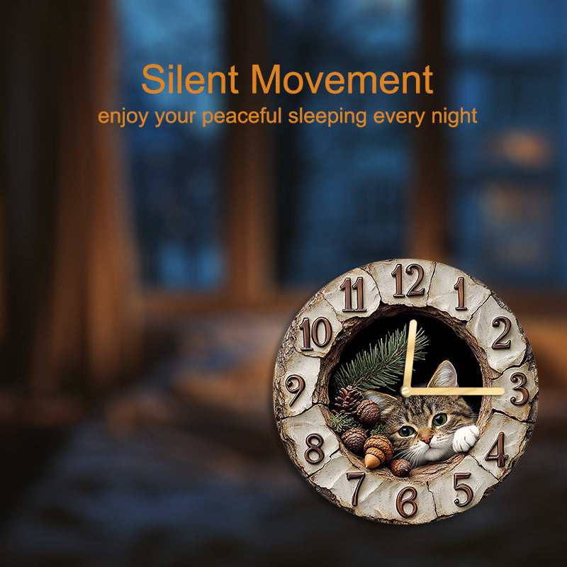 Wood Fiber Board Round Wall Clock with Cat Plush Toy Modern Home Decor