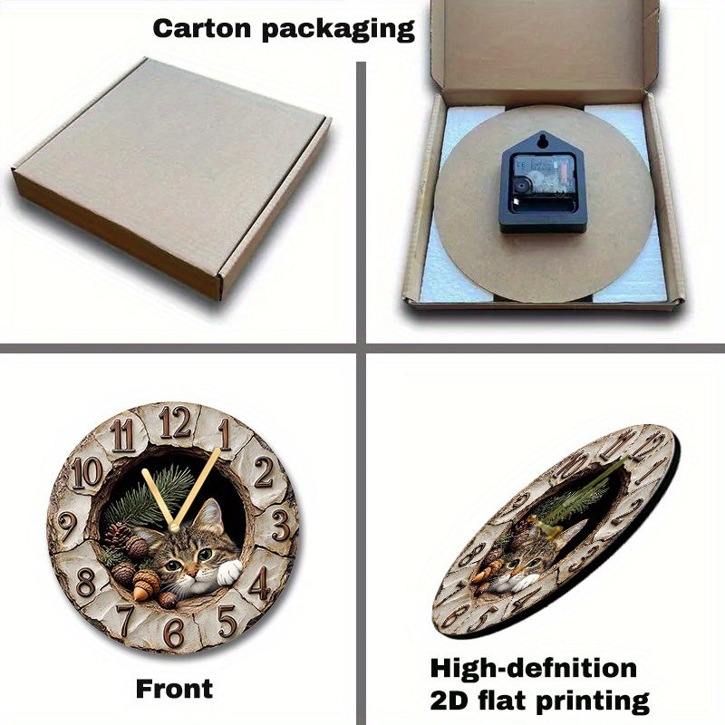 Wood Fiber Board Round Wall Clock with Cat Plush Toy Modern Home Decor