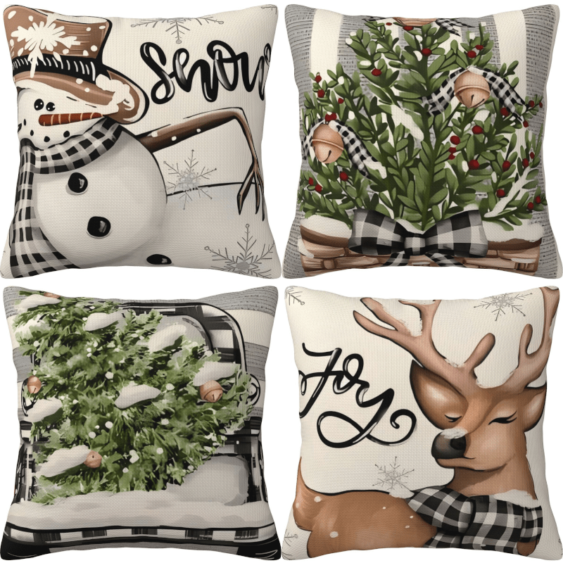 Christmas Pillow Cover 45x45cm Linen Holiday Decor with Christmas Tree Snowman Truck