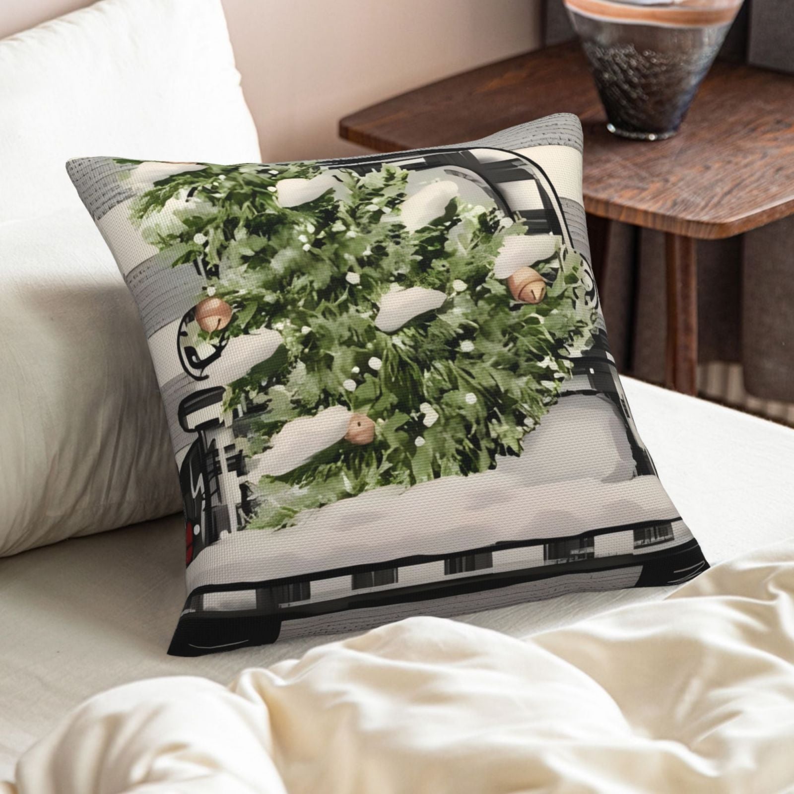Christmas Pillow Cover 45x45cm Linen Holiday Decor with Christmas Tree Snowman Truck