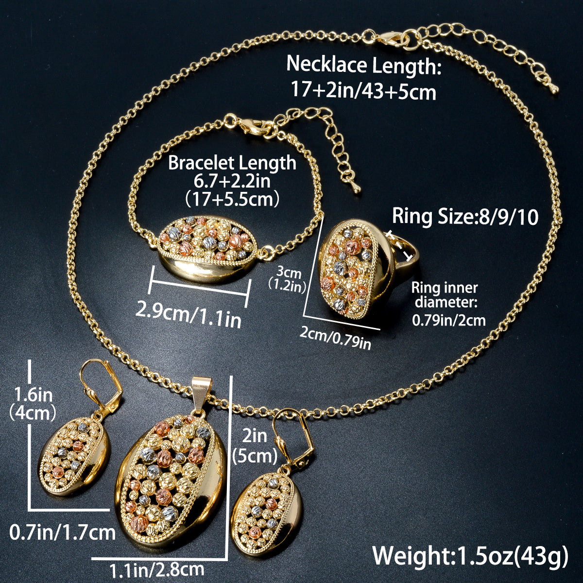 Indian Style Jewelry Set with Necklace Pendant Bracelet Ring Earrings for Weddings Parties and Birthdays