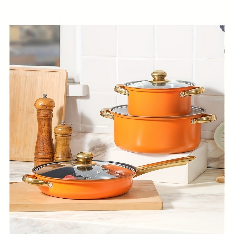 Набор посуды из нержавеющей стали - 1 набор включает сковороду с антипригарным покрытием, кастрюлю и молочник с крышкой - необходимые кухонные принадлежности