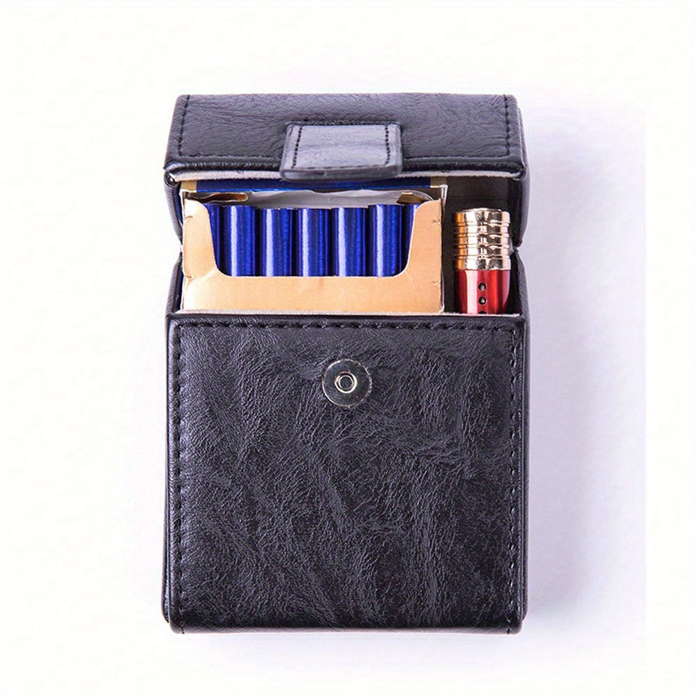 Men PU Leather Cigarette Case with Lighter, 20 Cigarettes, Flip Top