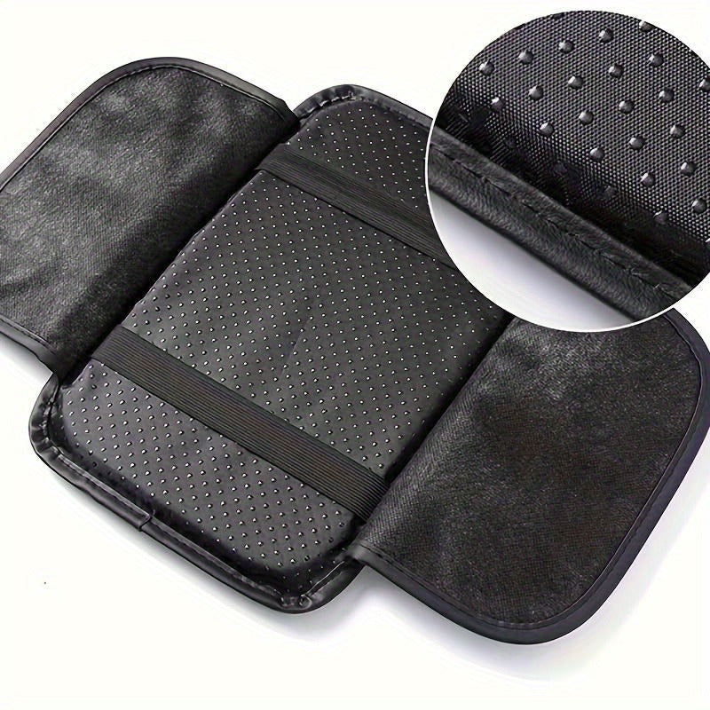 Black PU Leather Car Armrest Cover with Storage Pockets and Quilted Design
