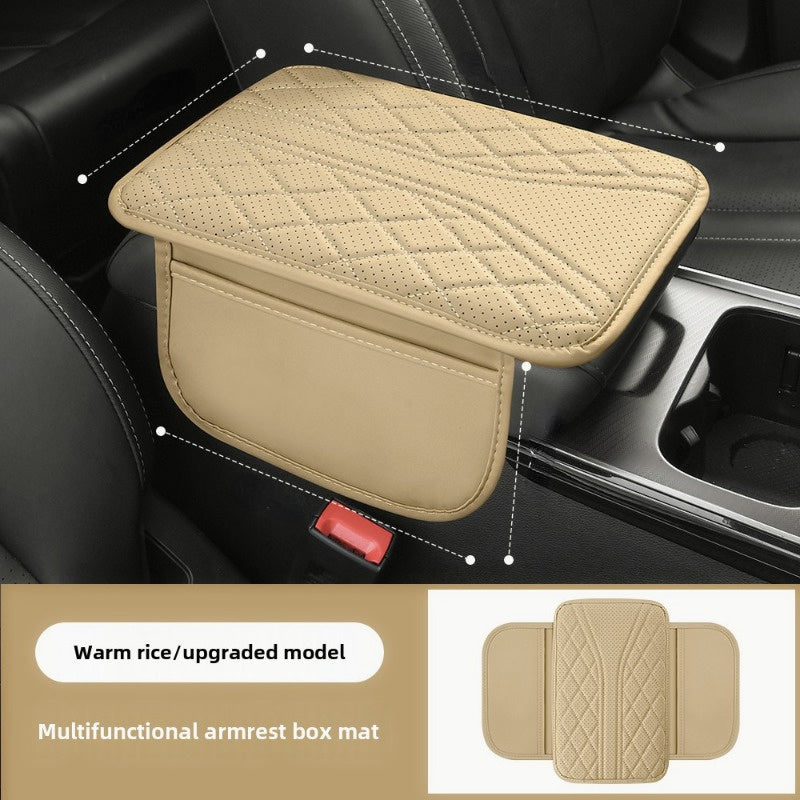 Black PU Leather Car Armrest Cover with Storage Pockets and Quilted Design