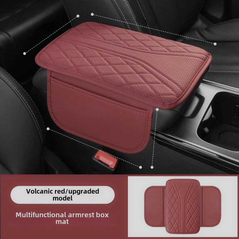 Black PU Leather Car Armrest Cover with Storage Pockets and Quilted Design