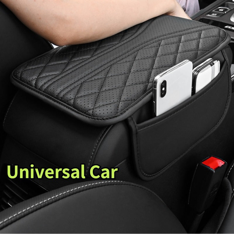 Black PU Leather Car Armrest Cover with Storage Pockets and Quilted Design