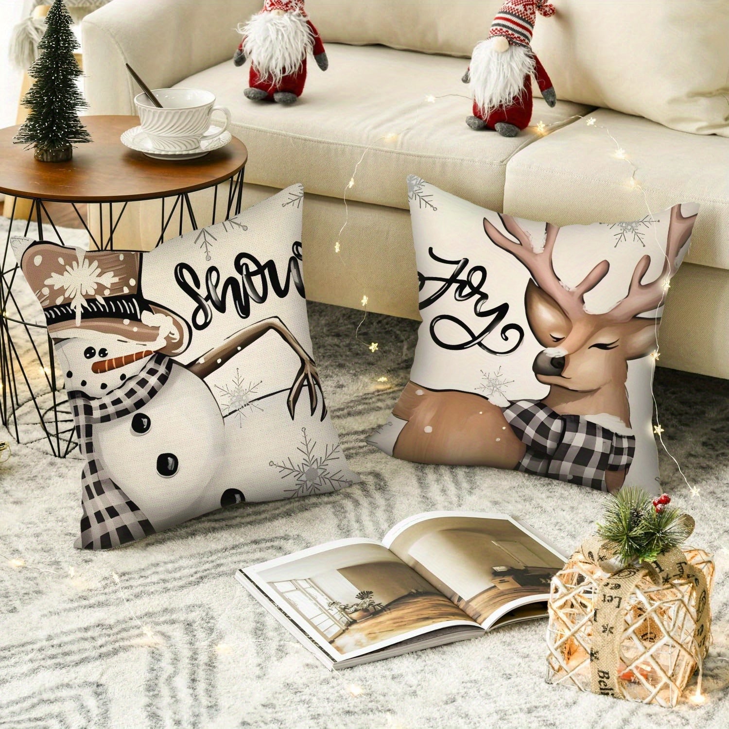 Christmas Pillow Cover 45x45cm Linen Holiday Decor with Christmas Tree Snowman Truck