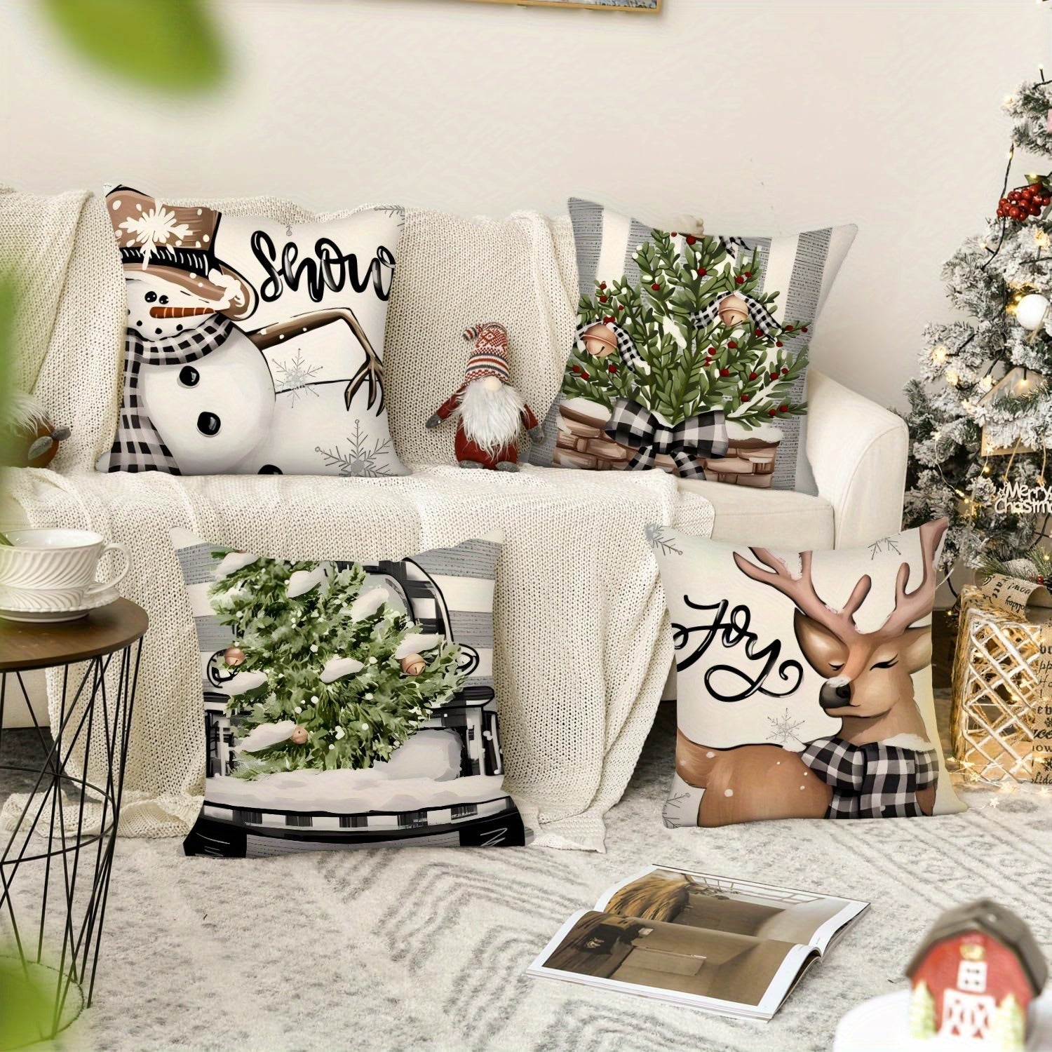Christmas Pillow Cover 45x45cm Linen Holiday Decor with Christmas Tree Snowman Truck