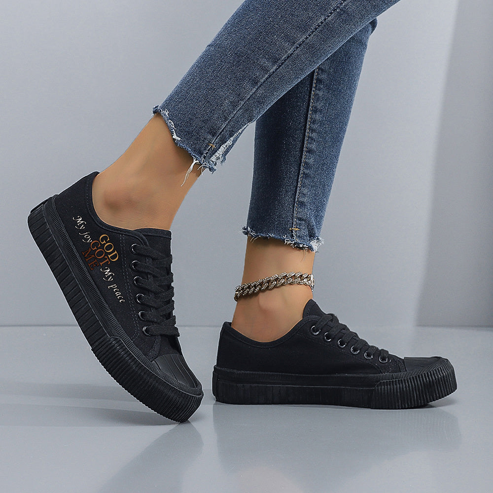 Women's Black and White Casual Sneakers Rubber Sole Lace-Up All-Season