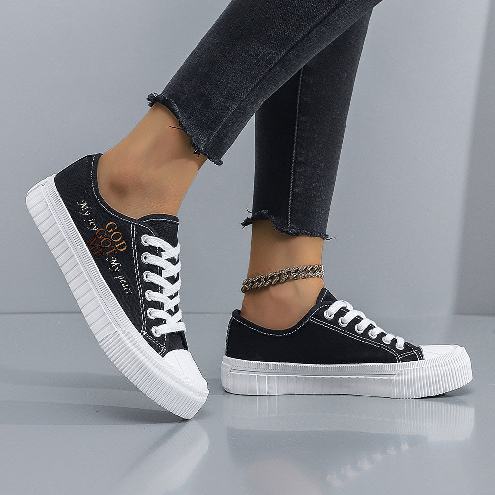 Women's Black and White Casual Sneakers Rubber Sole Lace-Up All-Season